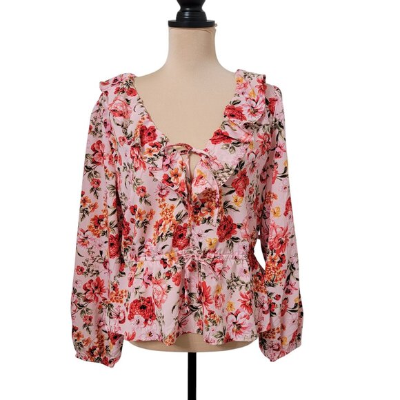 Old Navy Size L  "Bed of Flowers" Pink Floral Ruffle Trim Blouse, NEW with Tag - Picture 3 of 16